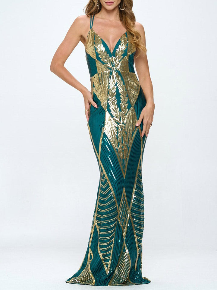 WOMEN'S SLEEVELESS V-NECK BODYCON SEQUINS GOWN MAXI DRESS