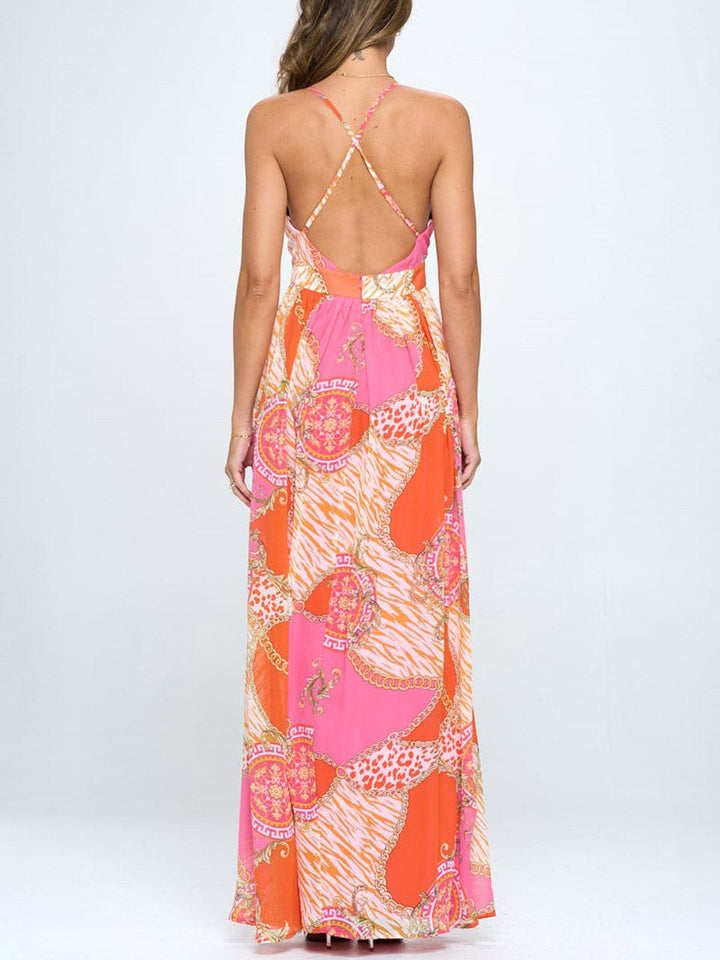WOMEN'S SLEEVELESS V-NECK OPEN BACK MULTI PRINT MAXI DRESS