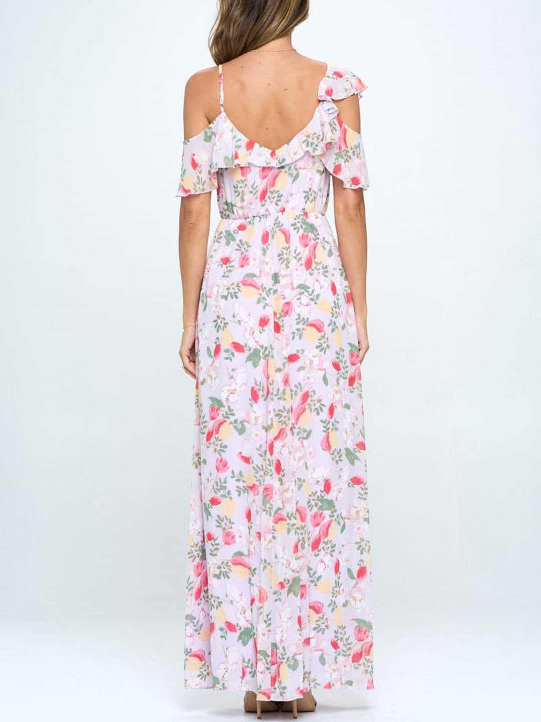 WOMEN'S COLD SHOULDER RUFFLE FLORAL MAXI DRESS