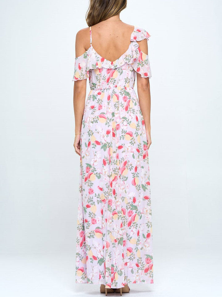 WOMEN'S COLD SHOULDER RUFFLE FLORAL MAXI DRESS