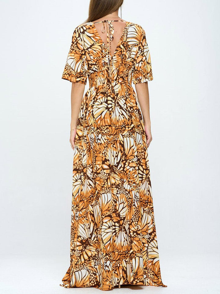 WOMEN'S SHORT SLEEVE SURPLICE SMOCK WAIST PRINTED MAXI DRESS