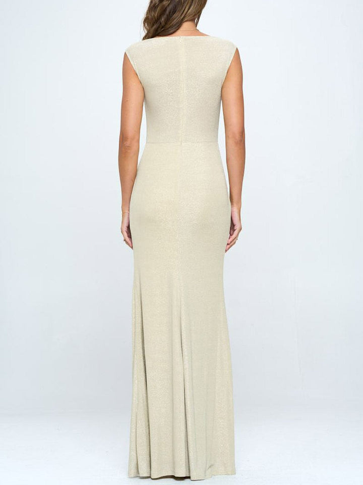 WOMEN'S SLEEVELESS V-NECK FRONT SLIT SHIMMER MAXI GOWN DRESS