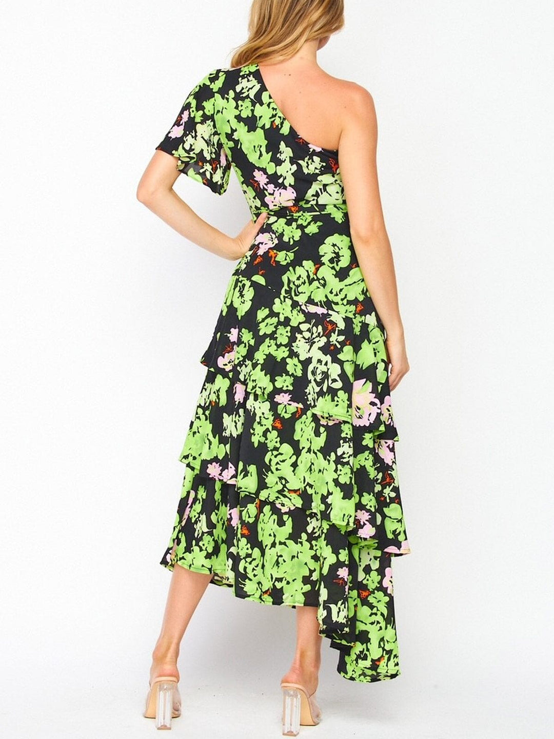 WOMEN'S SLEEVELESS ONE SHOULDER RUFFLE TIERED FLORAL MAXI DRESS