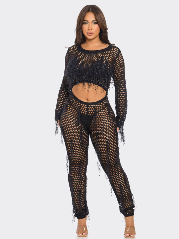 WOMEN'S LONG SLEEVE CUT OUT FRINGE MESH KNIT JUMPSUIT