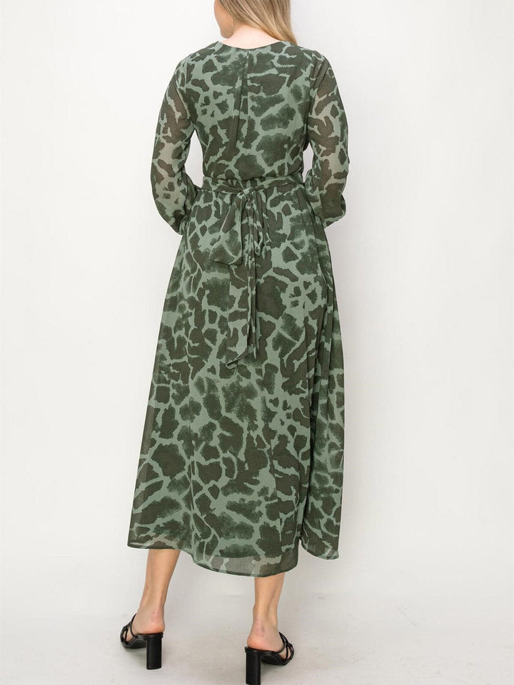 WOMEN'S LONG SLEEVE ANIMAL PRINT SURPLICE MAXI DRESS
