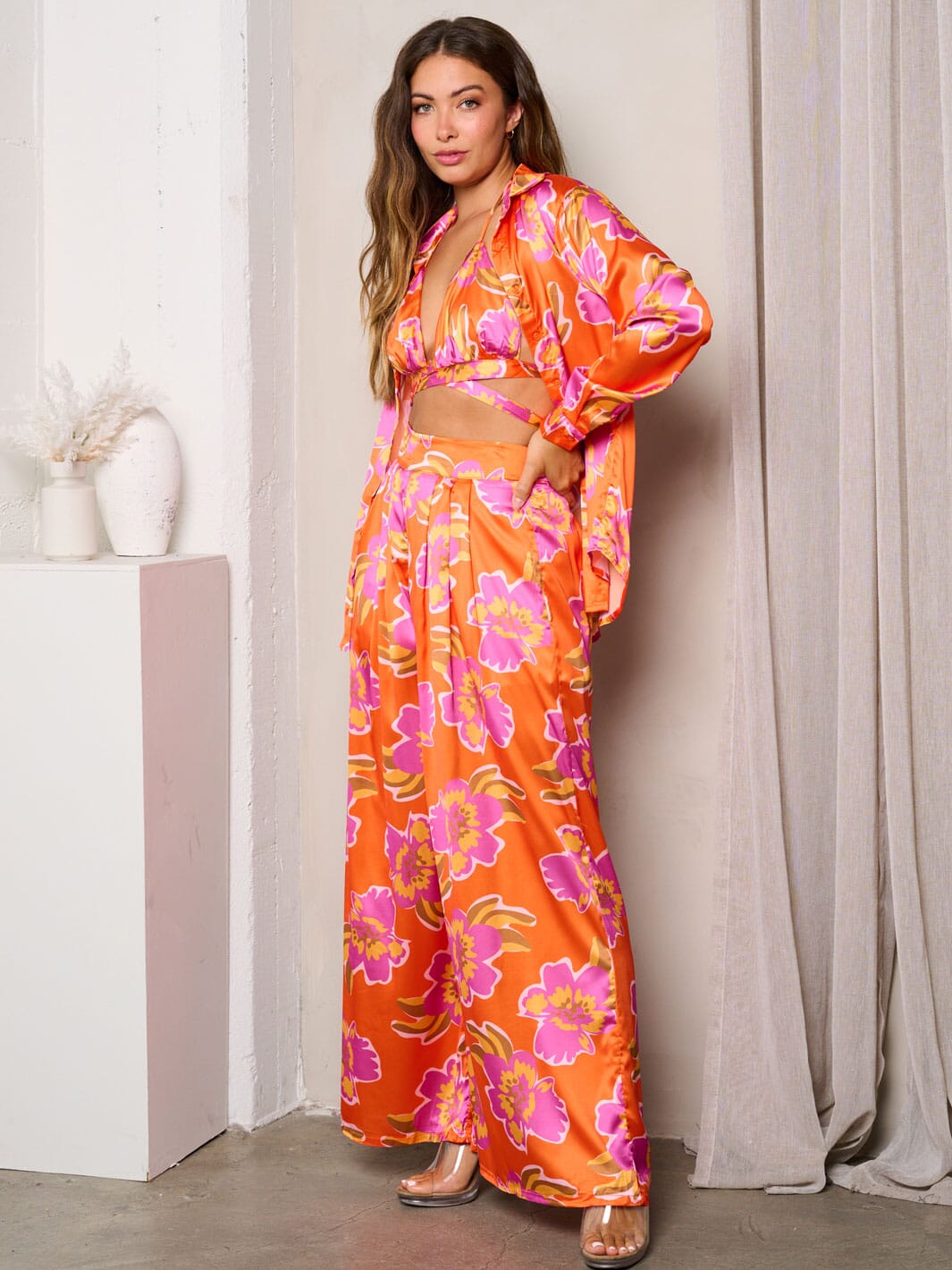 WOMEN'S LONG SLEEVE W/BRA & WIDEL LEG PANTS PRINTED 3PC. SET