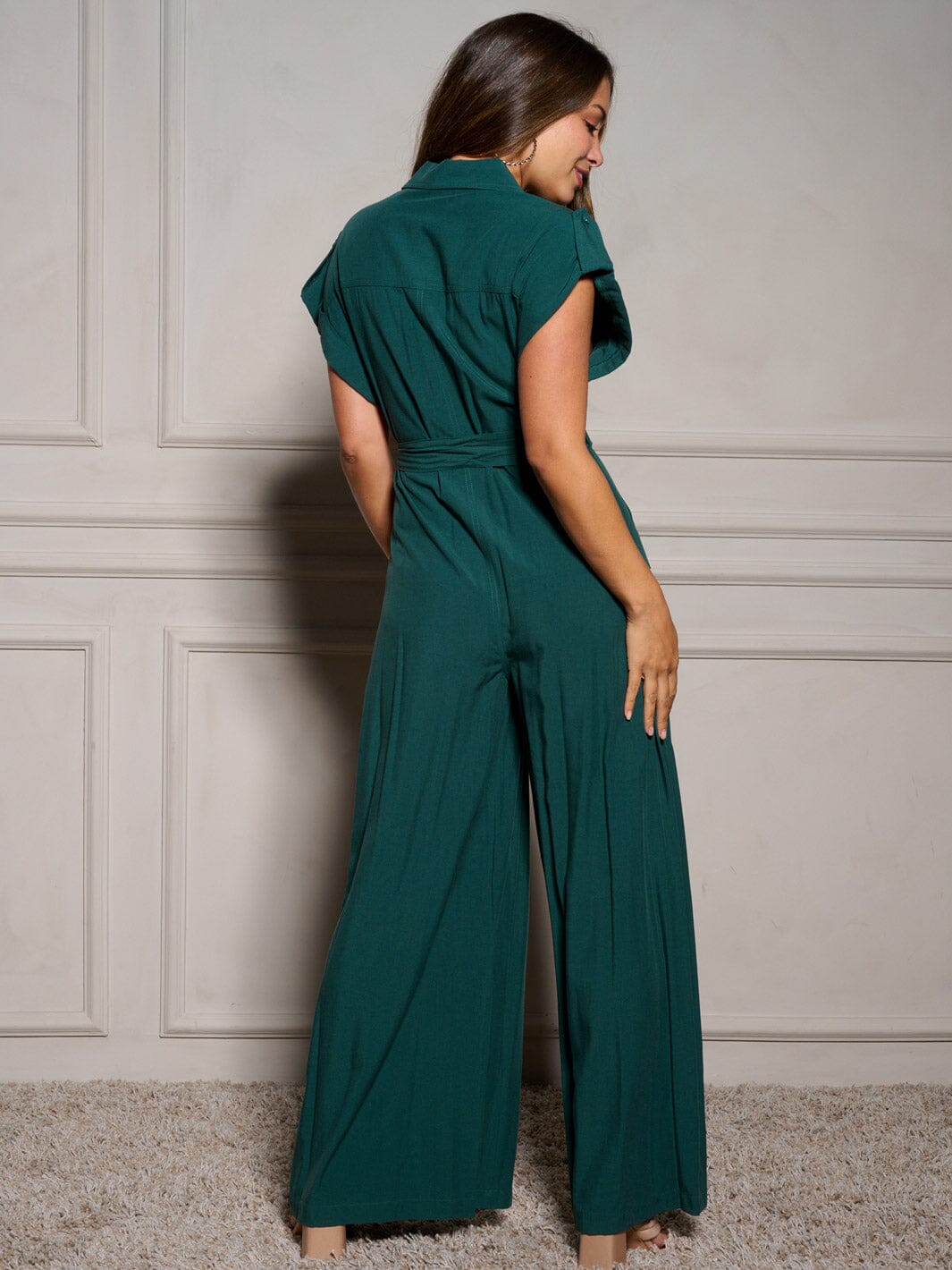 WOMEN'S SHORT SLEEVE BUTTON UP SELF TIE POCKETS WIDE LEG JUMPSUIT