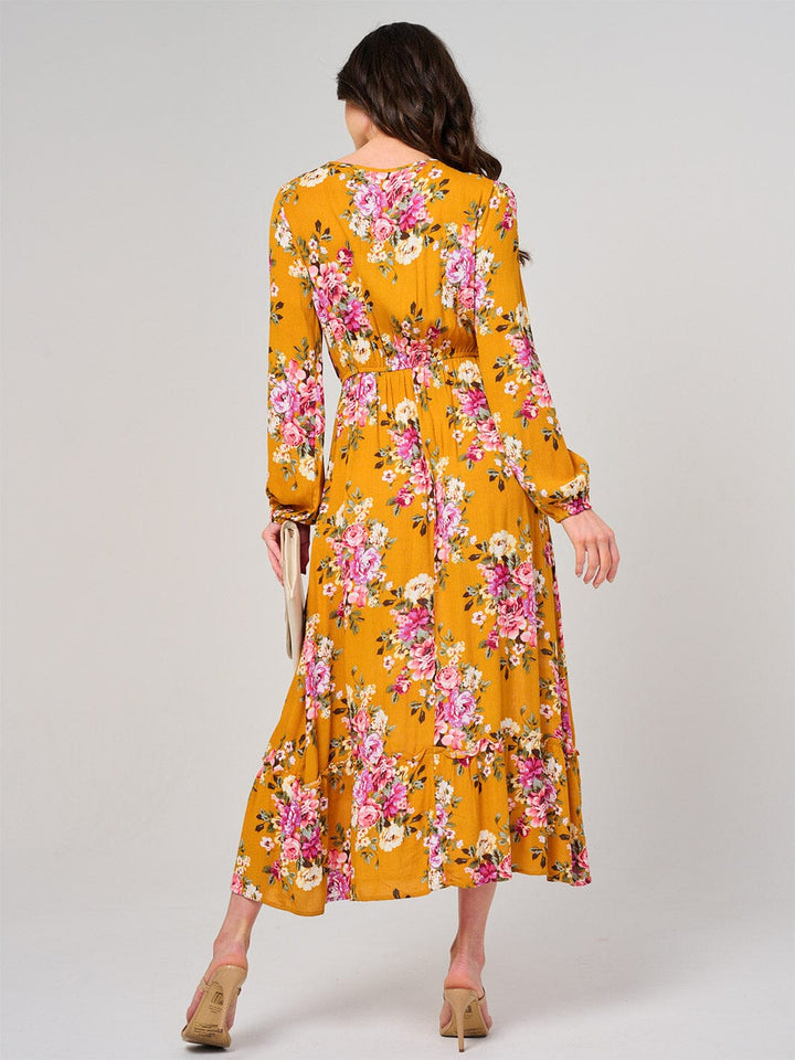 WOMEN'S LONG SLEEVE ELASTIC WAIST FLORAL MAXI DRESS