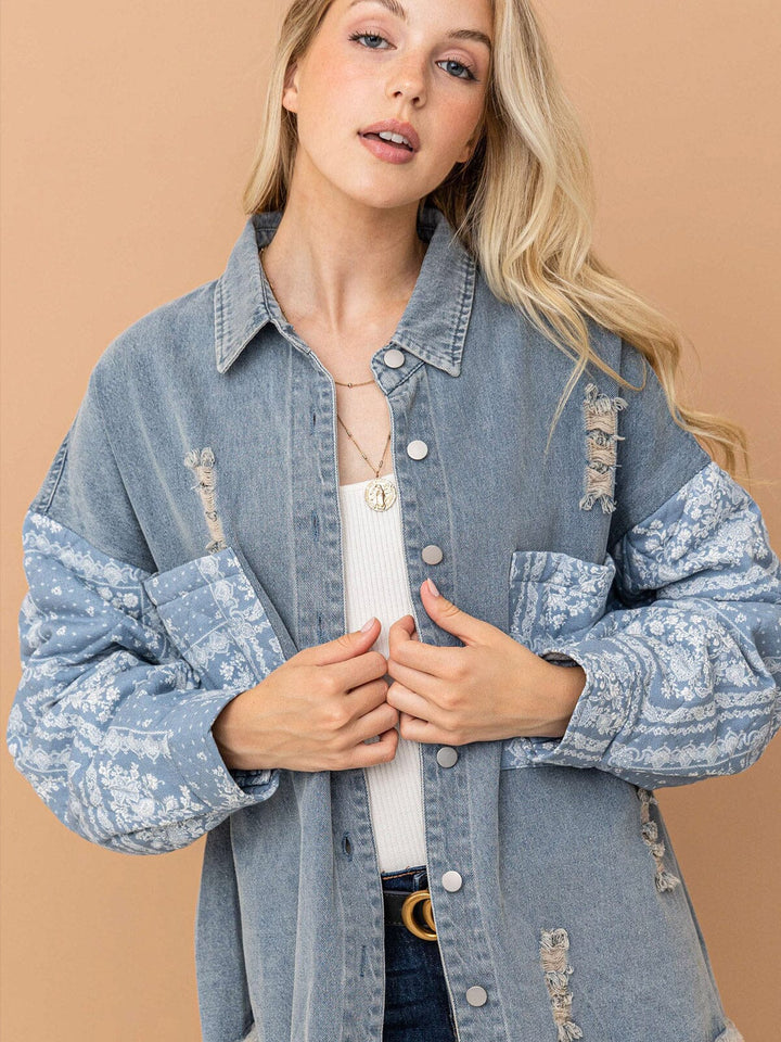 WOMEN'S LONG SLEEVE BUTTON CLOSURE FRONT POCKETS HIGH-LOW DENIM CONTRAST JACKET