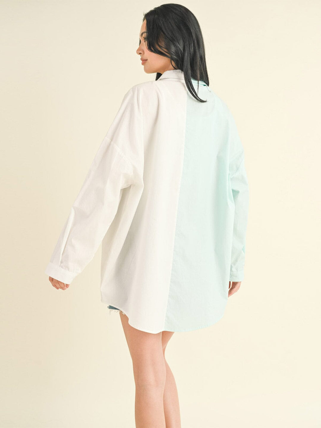 WOMEN'S LONG SLEEVE BUTTON UP COLORBLOCK OVERSIZED TOP