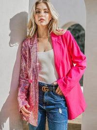 WOMEN'S LONG SLEEVE BUTTON CLOSURE POCKETS SEQUINS CONTRAST BLAZER