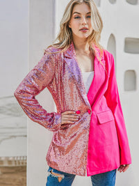 WOMEN'S LONG SLEEVE BUTTON CLOSURE POCKETS SEQUINS CONTRAST BLAZER