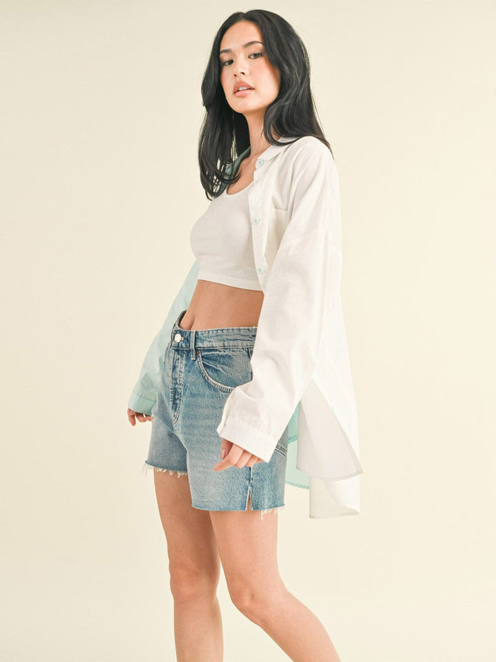 WOMEN'S LONG SLEEVE BUTTON UP COLORBLOCK OVERSIZED TOP