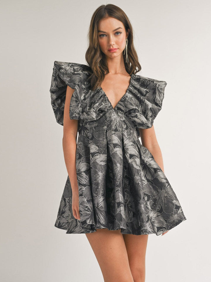 WOMEN'S RUFFLE SLEEVE V-NECK FIT & FLARE FLORAL MINI DRESS