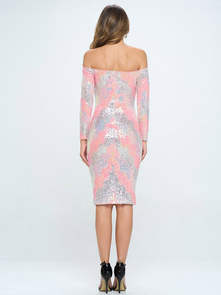WOMEN'S LONG SLEEVE OFF SHOULDER BODYCON MULTI SEQUINS MIDI DRESS