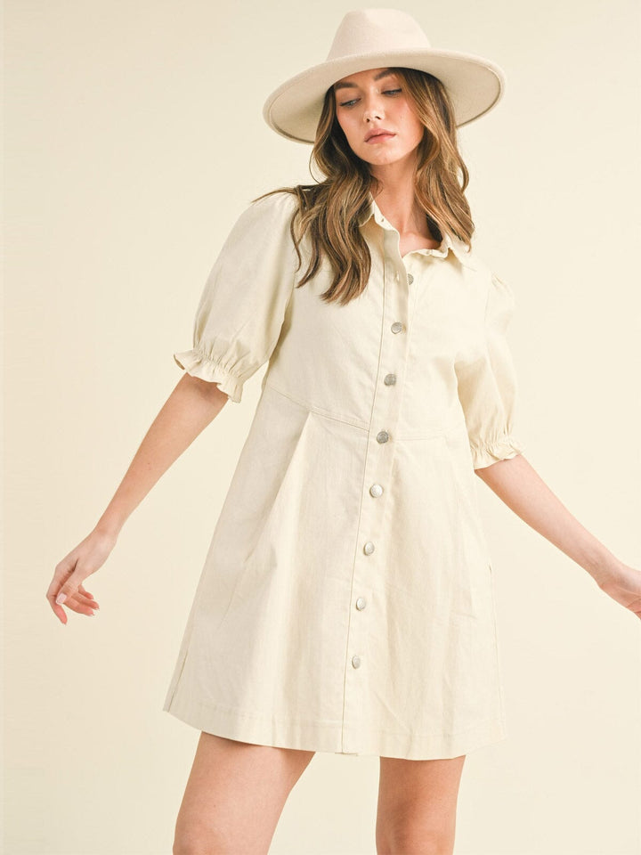 WOMEN'S SHORT PUFF SLEEVE BUTTON UP POCKETS DENIM MINI DRESS