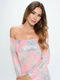 WOMEN'S LONG SLEEVE OFF SHOULDER BODYCON MULTI SEQUINS MIDI DRESS