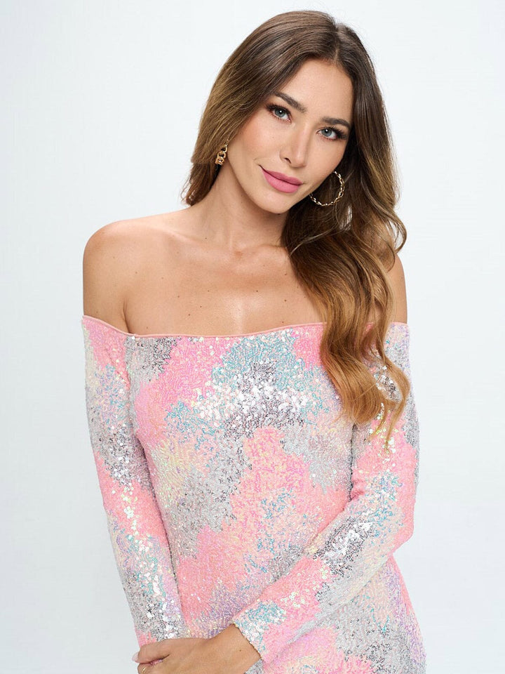 WOMEN'S LONG SLEEVE OFF SHOULDER BODYCON MULTI SEQUINS MIDI DRESS