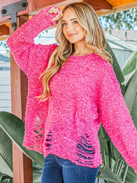 WOMEN'S LONG SLEEVE DISTRESS KNIT PULLOVER SWEATER
