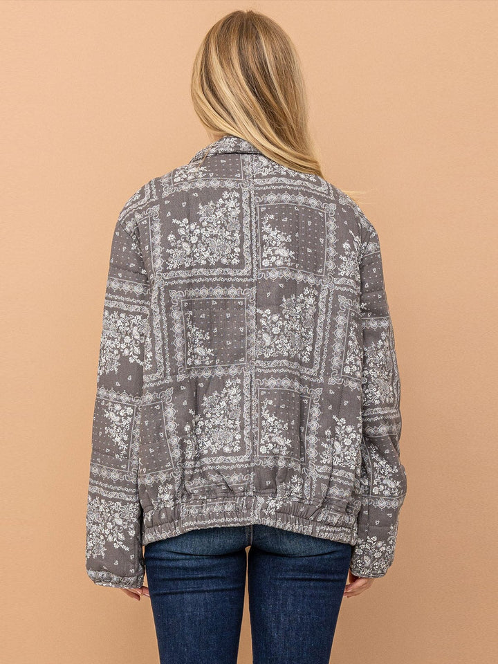WOMEN'S LONG SLEEVE ZIPPER CLOSURE FRONT POCKETS BANDANA PRINT JACKET