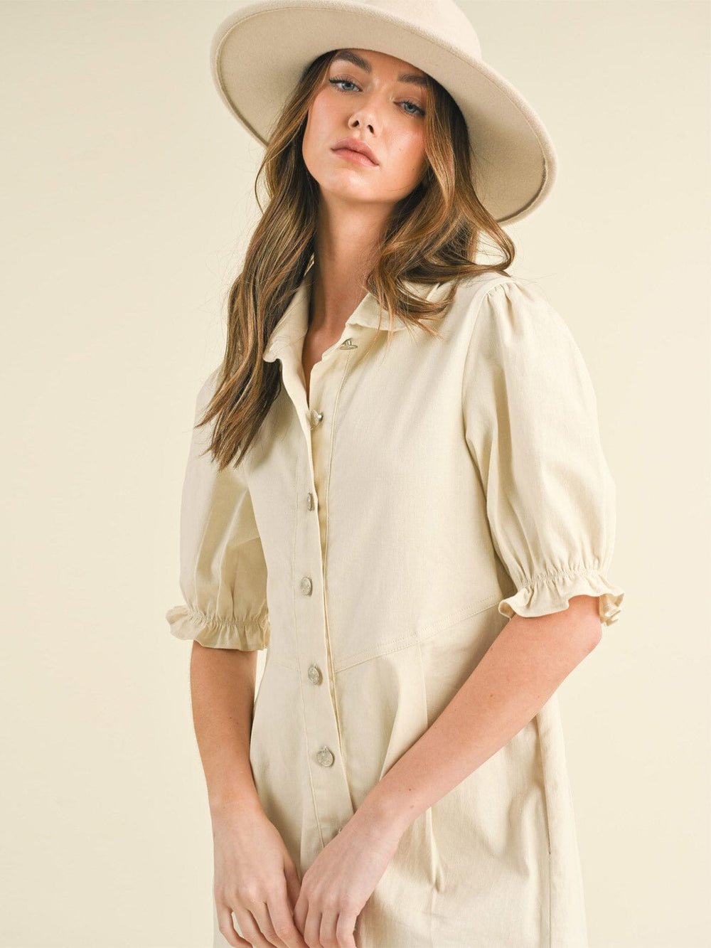 WOMEN'S SHORT PUFF SLEEVE BUTTON UP POCKETS DENIM MINI DRESS