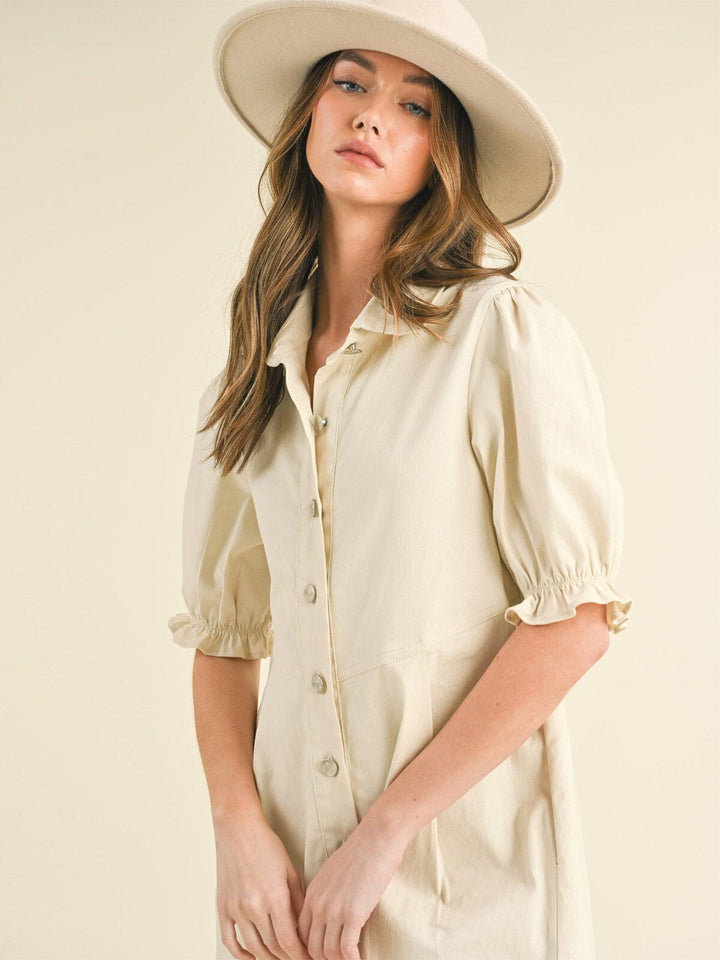 WOMEN'S SHORT PUFF SLEEVE BUTTON UP POCKETS DENIM MINI DRESS