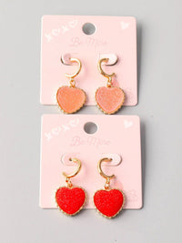 FASHION RED & PINK FROSTED HEART PENDANT EARRINGS