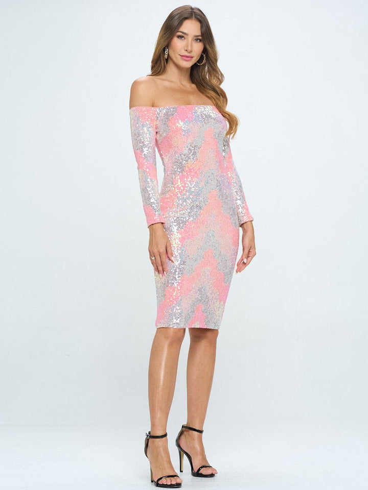 WOMEN'S LONG SLEEVE OFF SHOULDER BODYCON MULTI SEQUINS MIDI DRESS