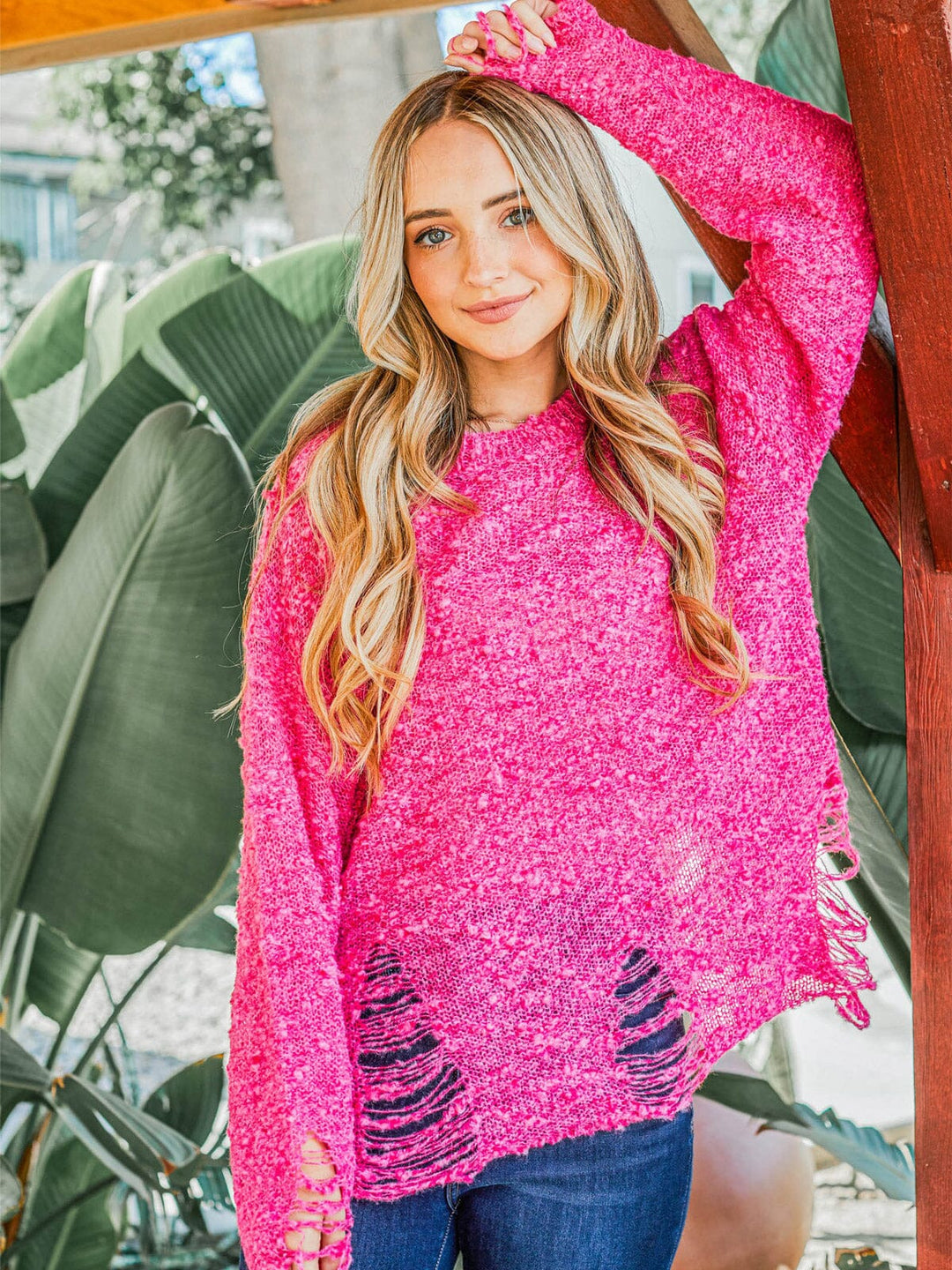 WOMEN'S LONG SLEEVE DISTRESS KNIT PULLOVER SWEATER