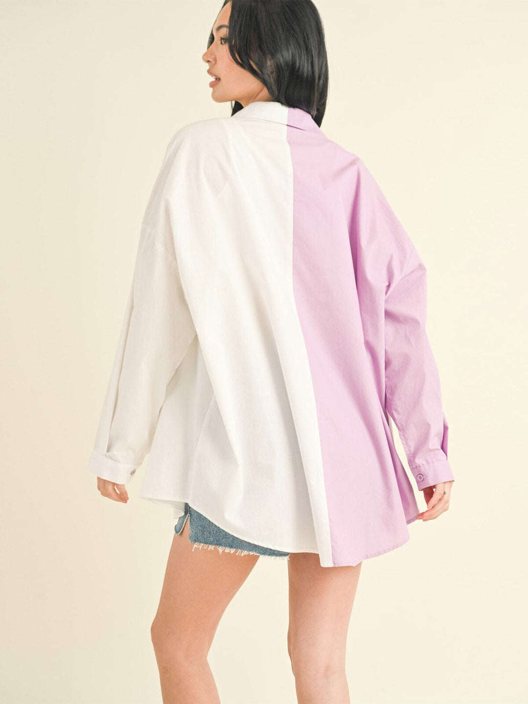 WOMEN'S LONG SLEEVE BUTTON UP COLORBLOCK OVERSIZED TOP