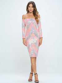 WOMEN'S LONG SLEEVE OFF SHOULDER BODYCON MULTI SEQUINS MIDI DRESS