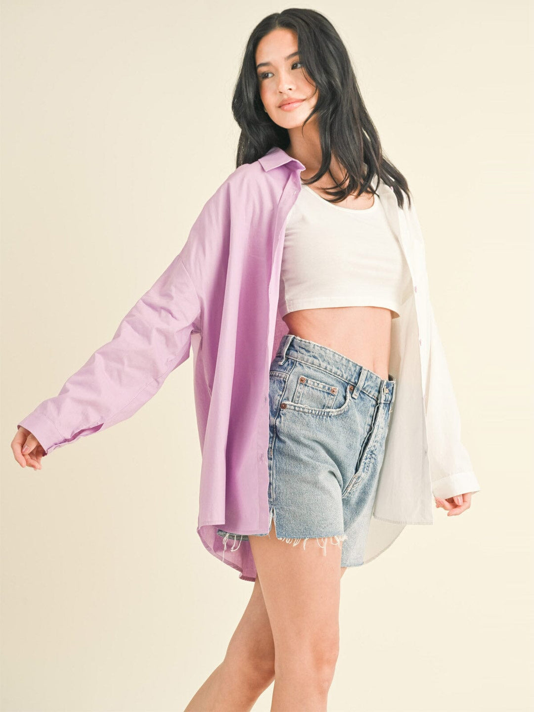 WOMEN'S LONG SLEEVE BUTTON UP COLORBLOCK OVERSIZED TOP