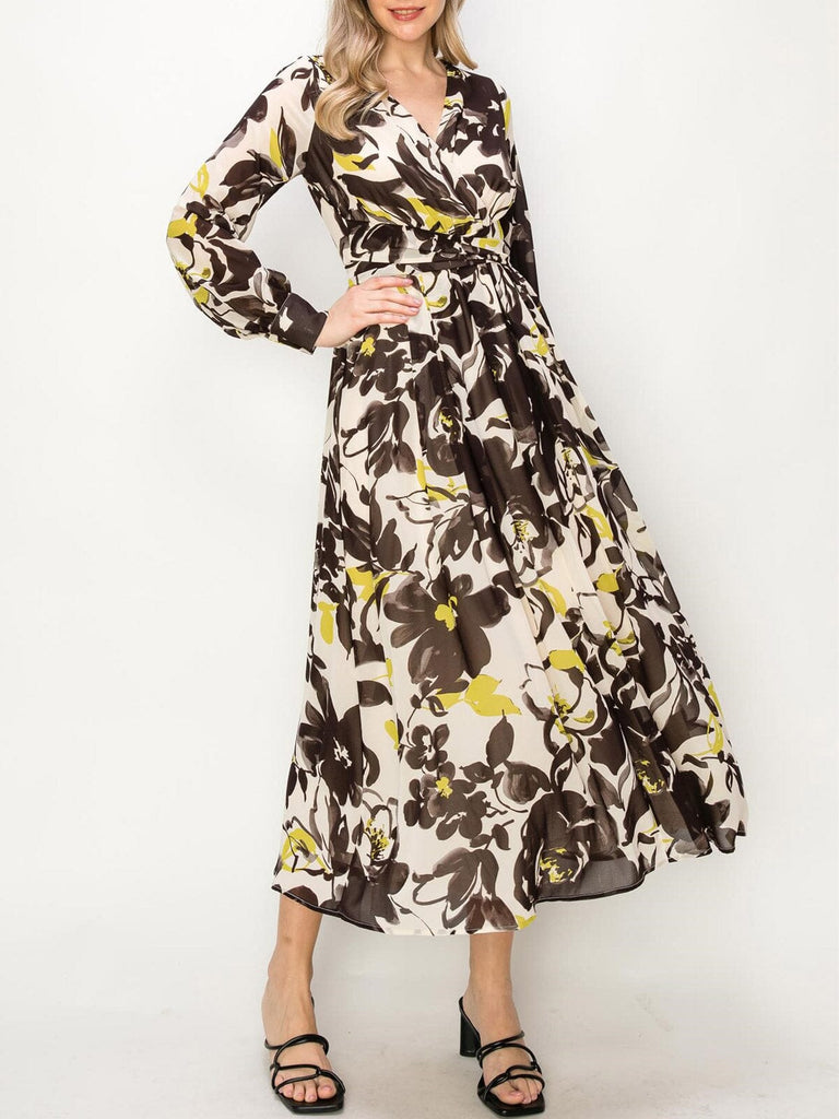 WOMEN'S LONG SLEEVE FLORAL PRINT SURPLICE MAXI DRESS –  Wholesalefashiontrends.com