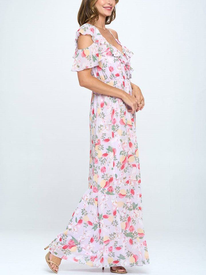 WOMEN'S COLD SHOULDER RUFFLE FLORAL MAXI DRESS