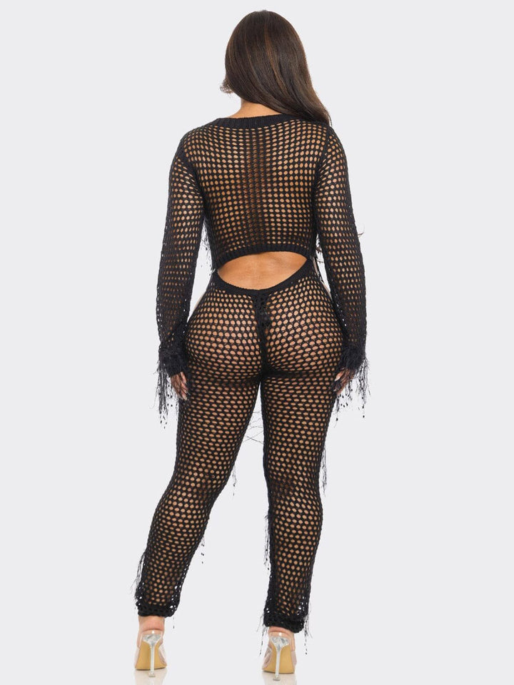 WOMEN'S LONG SLEEVE CUT OUT FRINGE MESH KNIT JUMPSUIT