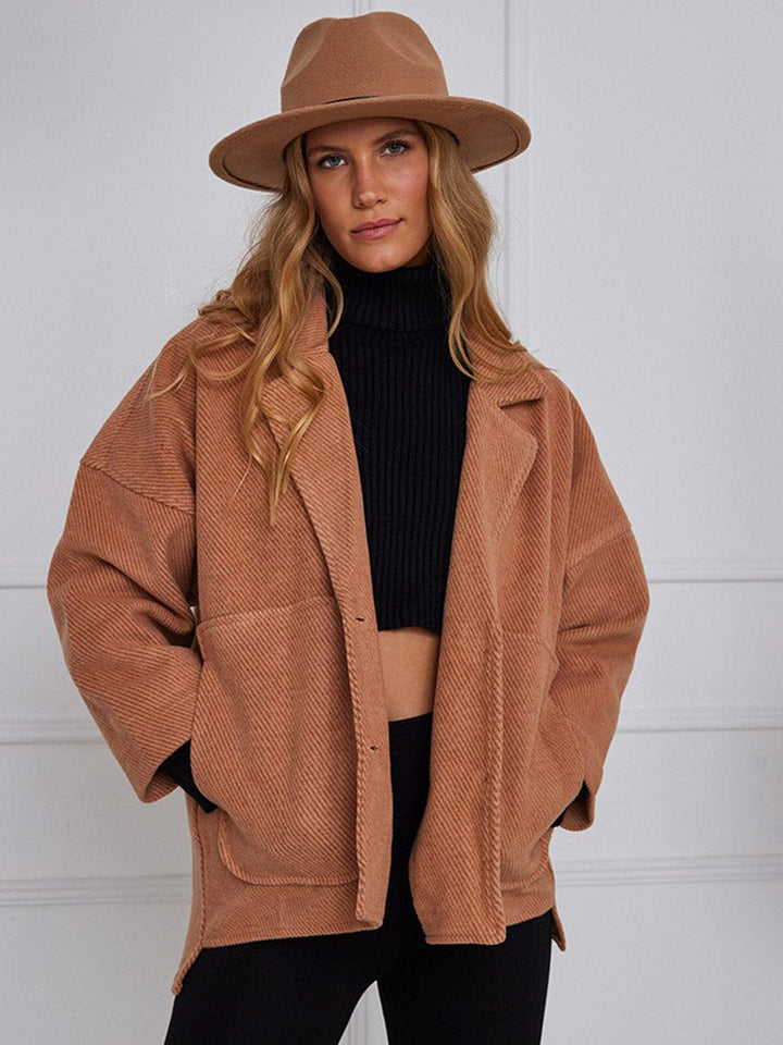 WOMEN'S 3/4 SLEEVE BUTTON UP FRONT POCKETS CORDUROY JACKET