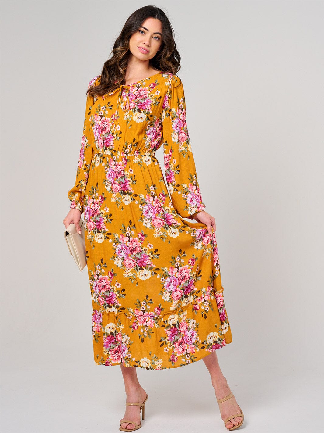 WOMEN'S LONG SLEEVE ELASTIC WAIST FLORAL MAXI DRESS