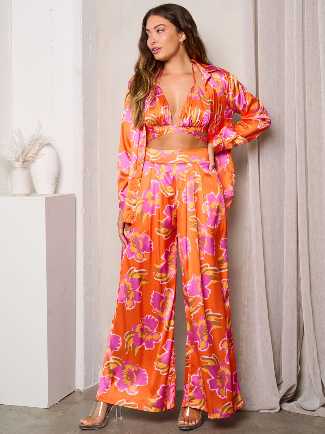 WOMEN'S LONG SLEEVE W/BRA & WIDEL LEG PANTS PRINTED 3PC. SET