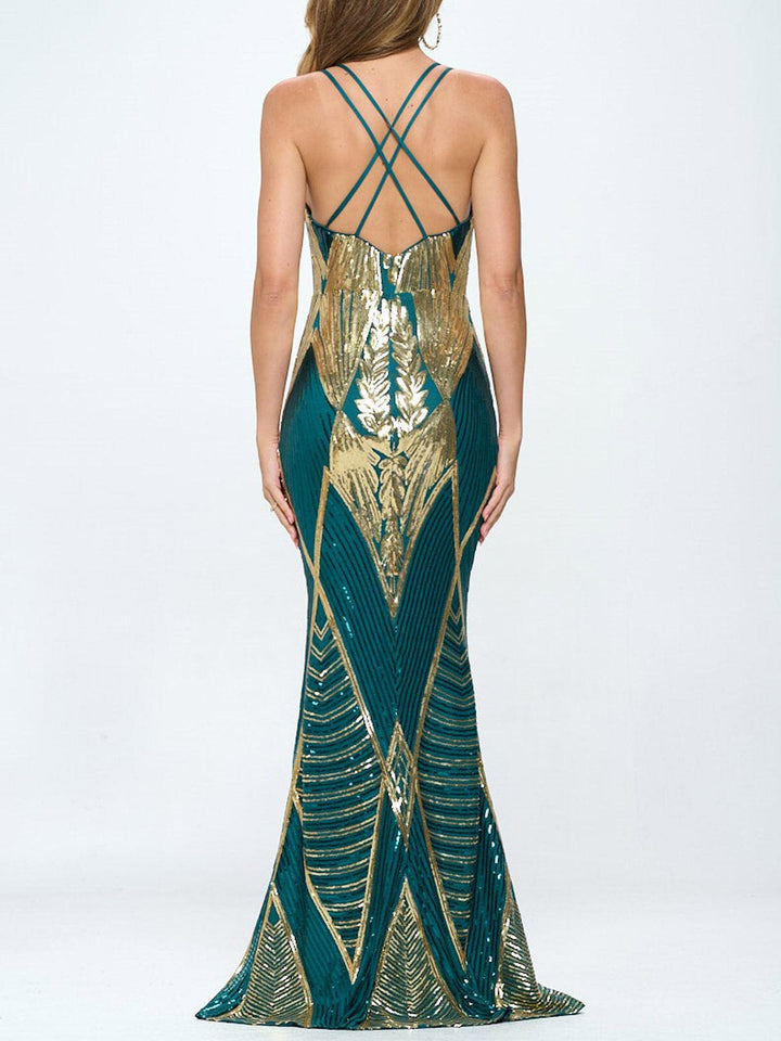 WOMEN'S SLEEVELESS V-NECK BODYCON SEQUINS GOWN MAXI DRESS