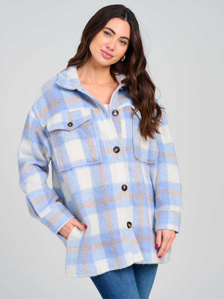 WOMEN'S LONG SLEEVE BUTTON UP FRONT POCKETS PLAID JACKET