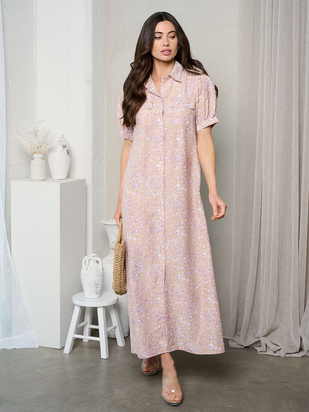 WOMEN'S SHORT SLEEVE BUTTON UP COLLAR FLORAL DETAILED MAXI DRESS