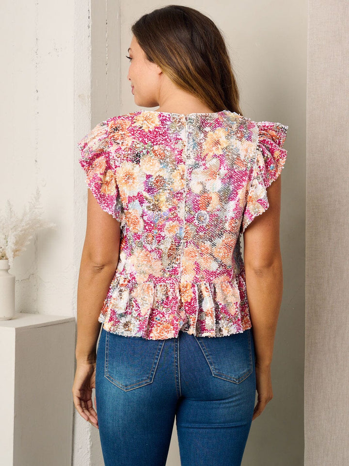 WOMEN'S RUFFLE SLEEVE SEQUINS MULTI PRINT TOP