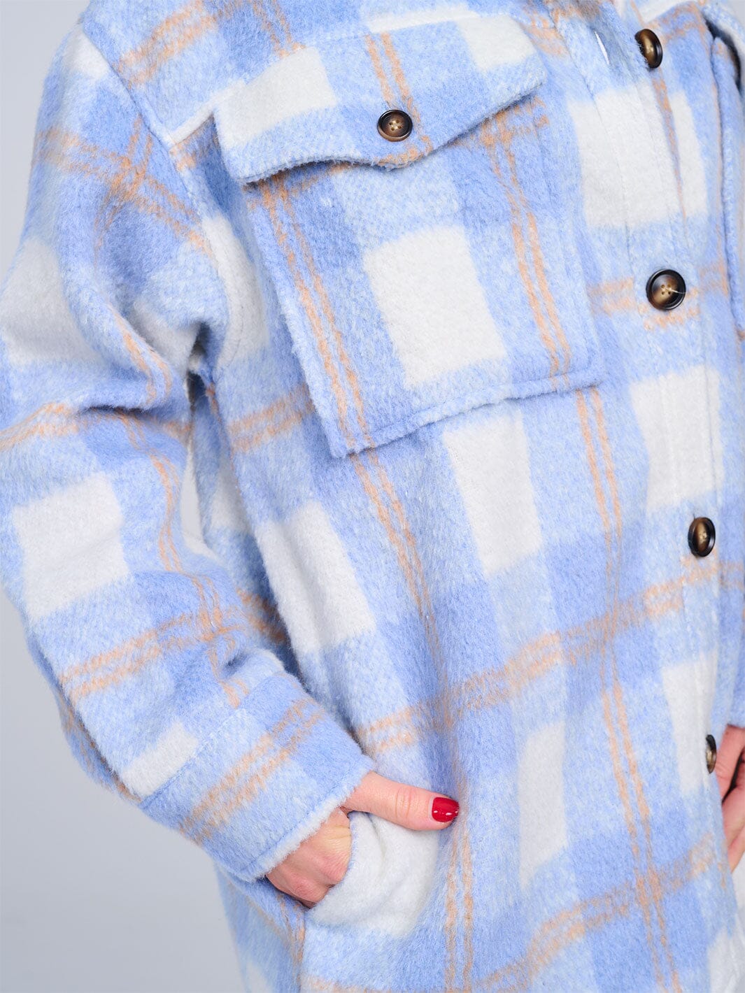 WOMEN'S LONG SLEEVE BUTTON UP FRONT POCKETS PLAID JACKET
