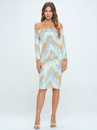 WOMEN'S LONG SLEEVE OFF SHOULDER BODYCON MULTI SEQUINS MIDI DRESS
