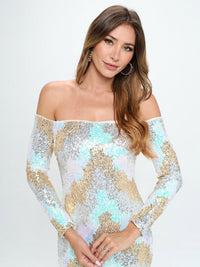 WOMEN'S LONG SLEEVE OFF SHOULDER BODYCON MULTI SEQUINS MIDI DRESS