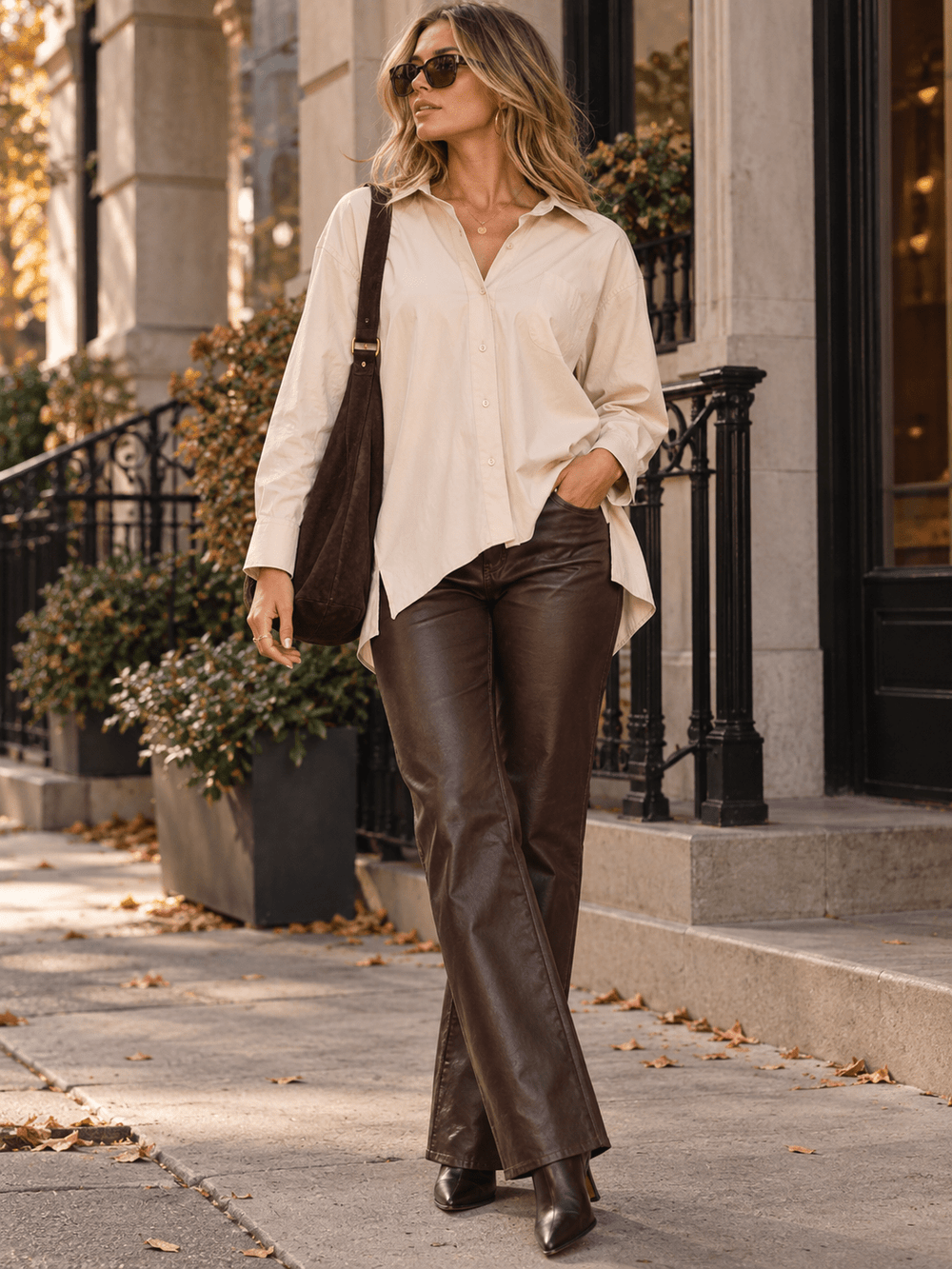 WOMEN'S LONG SLEEVE BUTTON UP FRONT POCKET COLLAR BLOUSE
