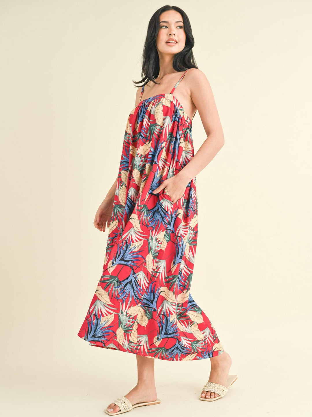 WOMEN'S SLEEVELESS POCKETS FLORAL TUNIC MAXI DRESS
