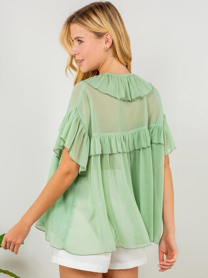 WOMEN'S SHORT SLEEVE V-NECK RUFFLE BLOUSE TOP