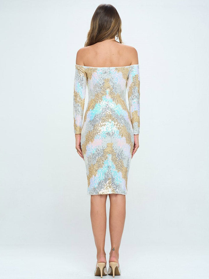 WOMEN'S LONG SLEEVE OFF SHOULDER BODYCON MULTI SEQUINS MIDI DRESS