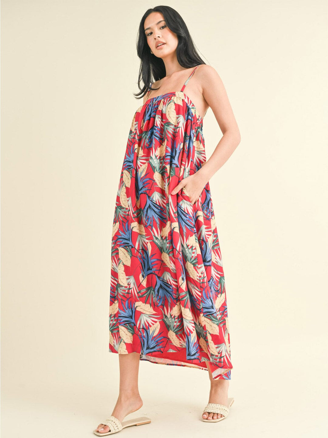 WOMEN'S SLEEVELESS POCKETS FLORAL TUNIC MAXI DRESS